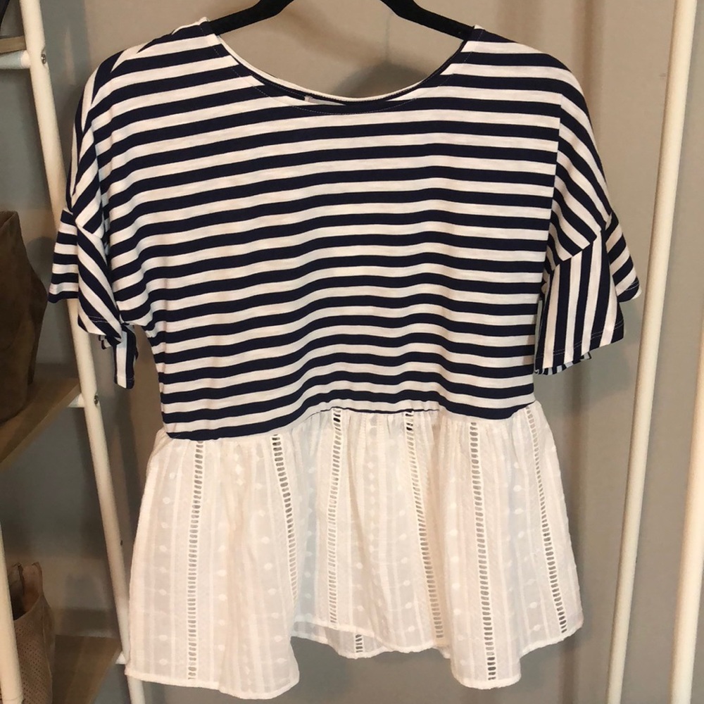 Navy and White Mixed Media Top